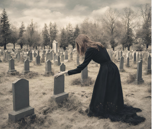 お墓で悲しむ女性